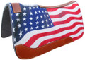 Showman 31" X 32" American Flag Printed Solid Felt Saddle Pad. This pad features gray felt bottom, American flag printed top with over sized medium brown wear leathers and a medium brown leather reinforced spine. Pad measures 1" thick. 