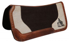 Showman 31" x 31" Dark brown felt pad with barrel racer embroidery. 3/4" thick black felt, accented with tan suede leather with embroidered barrel racer decal and silver studded leather trim. This pad has a reinforced leather back and edges with over sized wear leathers.