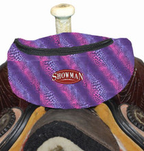 Showman Wild Safari Print Insulated Nylon Saddle Pouch. Includes two convenient pockets that are ideal for your phone, keys, money, snacks, etc. Simply clip the saddle pouch to the pommel of your saddle with two buckles. Measures 8.5" long by 3.5" wide by 4.5" tall.