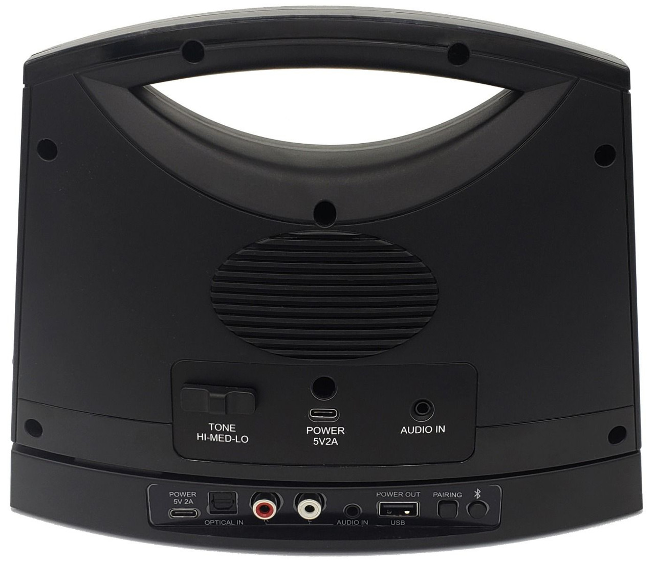 Sereonic TV SoundBox® by Serene - BT100 (Rear view showing ports and settings)