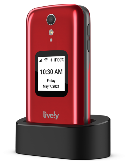 Jitterbug Flip2 by Lively - Red version in charging cradle
