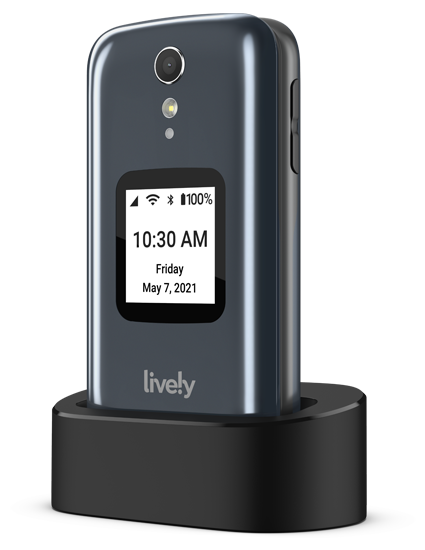 Jitterbug Flip2 by Lively - Graphite version in charging cradle
