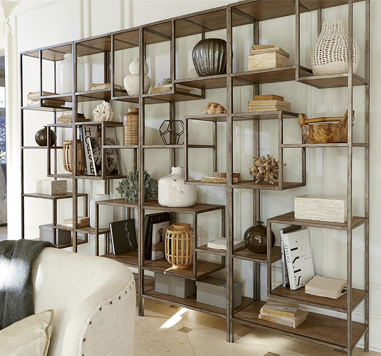 French Modern Industrial Wood + Metal Bookcase Etagere ...