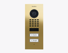 Doorbell D1102V-F, FLUSH-MOUNT IP VIDEO DOOR STATION, Brass-finish as PVD coating, stainless steel V4A, high-gloss polished, Part# 423878808