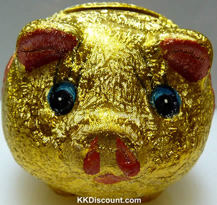 *GREAT GIFT*Three Lucky Gold Pig Coin Bank Good Luck Logo, Gold Dust Pattern 