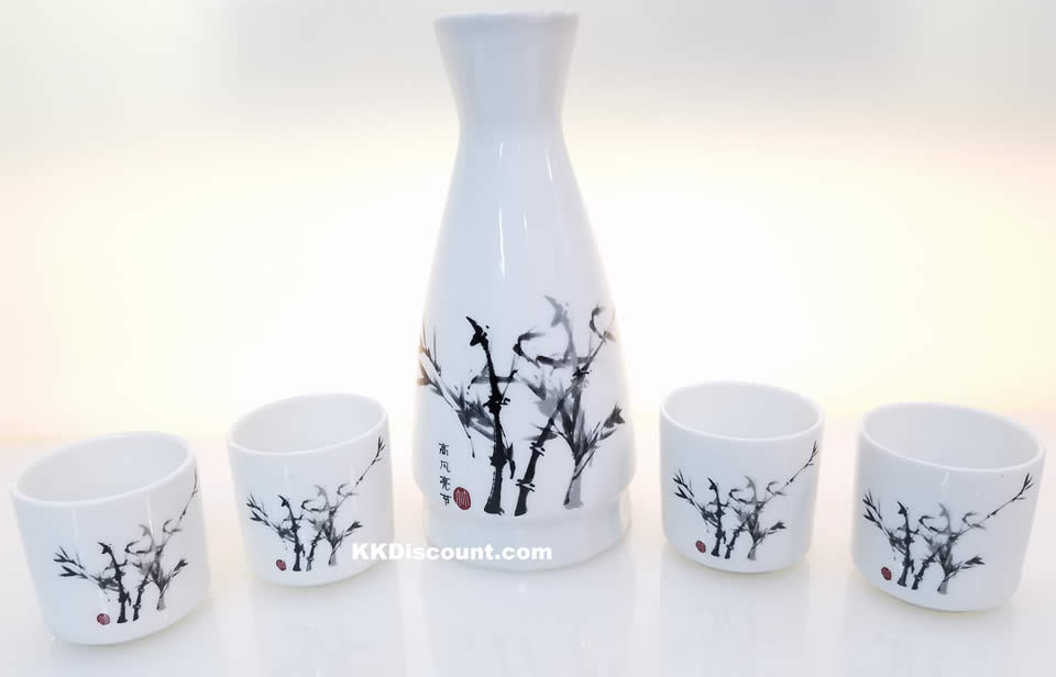 4 Porcelain Cups & Black Floral Sake Set & Red Floral Design 