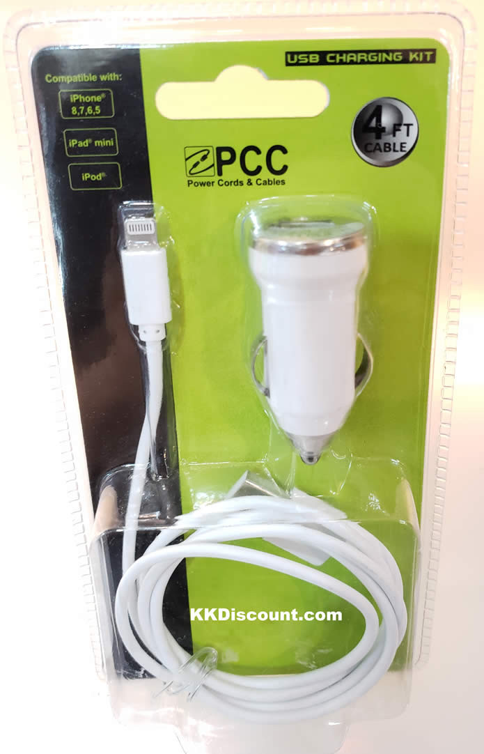 PCC Iphone Ipad Mini Ipod 4FT Lightning USB Cable with Car Charger - K. Discount Store