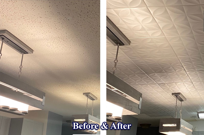 Living and Dining with Styrofoam Ceiling Tile R103 Before and After