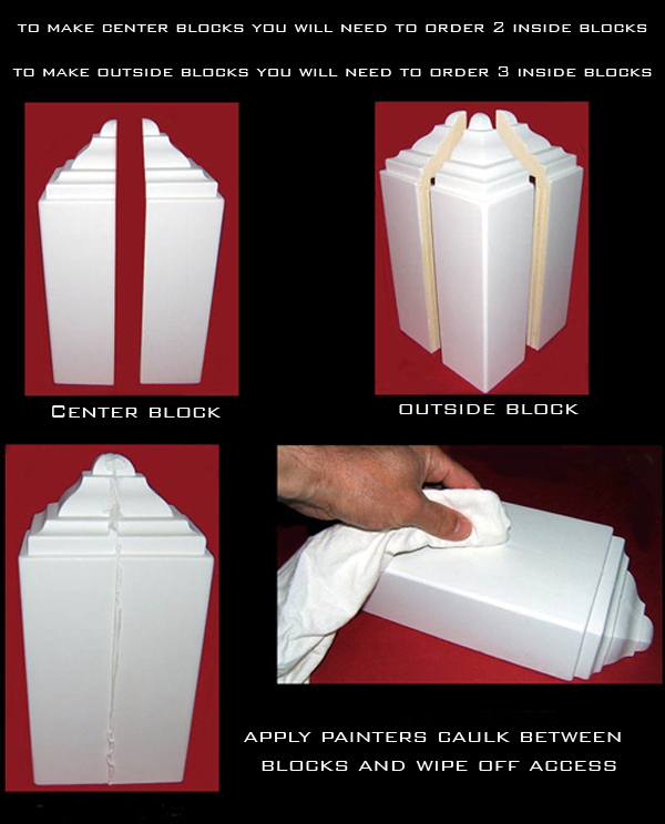 An illustration of how to glue together two or three crown molding blocks for an outside corner or center block