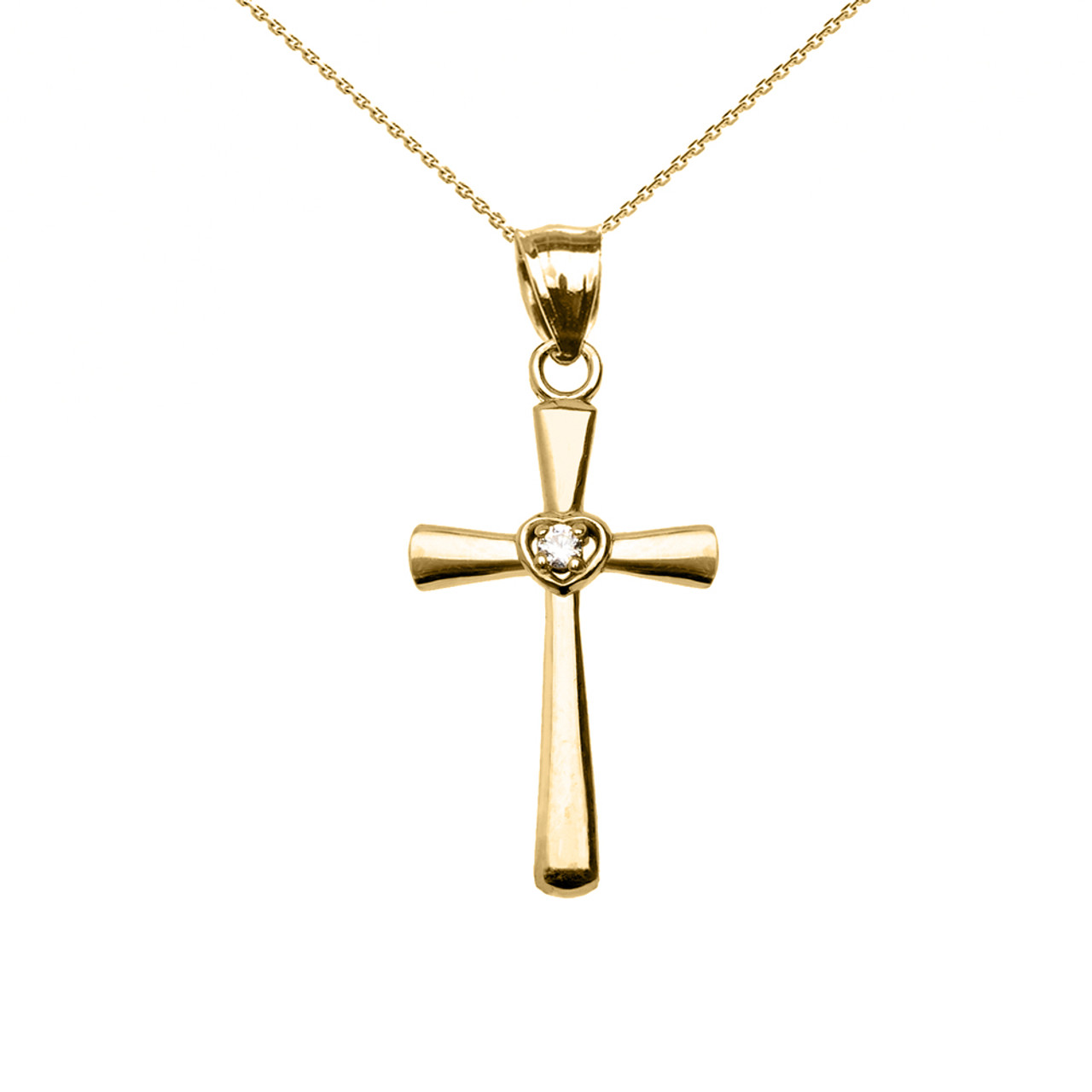 Yellow Gold Solitaire Diamond Heart Cross Pendant Necklace.