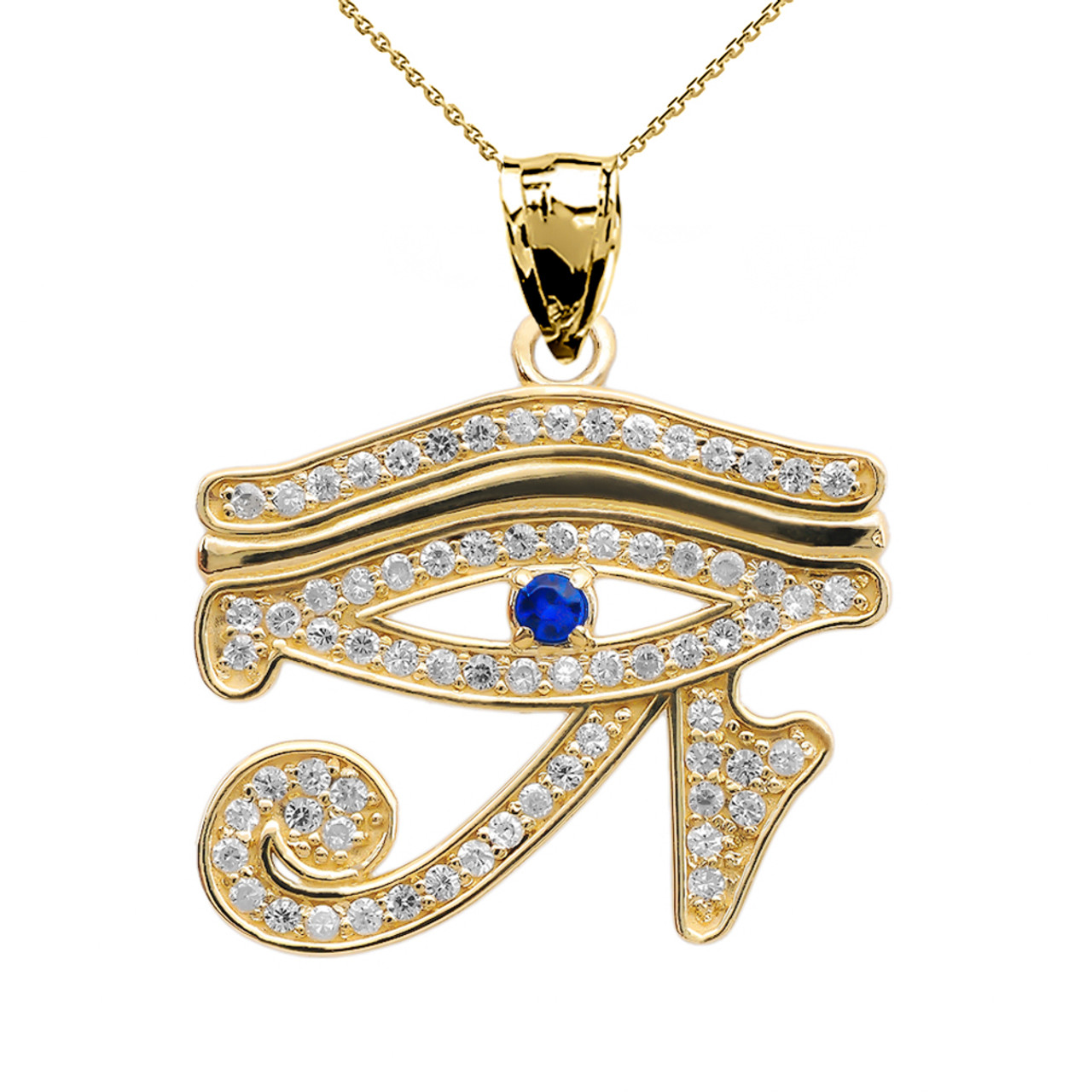 Yellow Gold CZ Eye of Horus Pendant Necklace