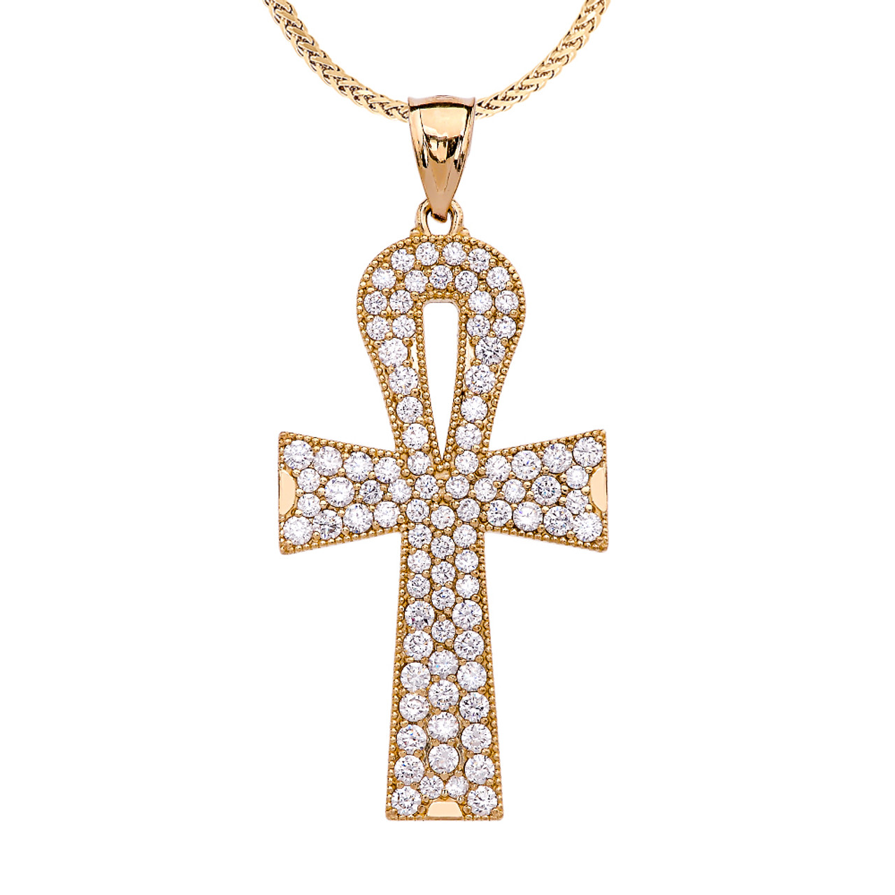 Yellow Gold 4 Carat Diamond Ankh Cross Pendant Necklace