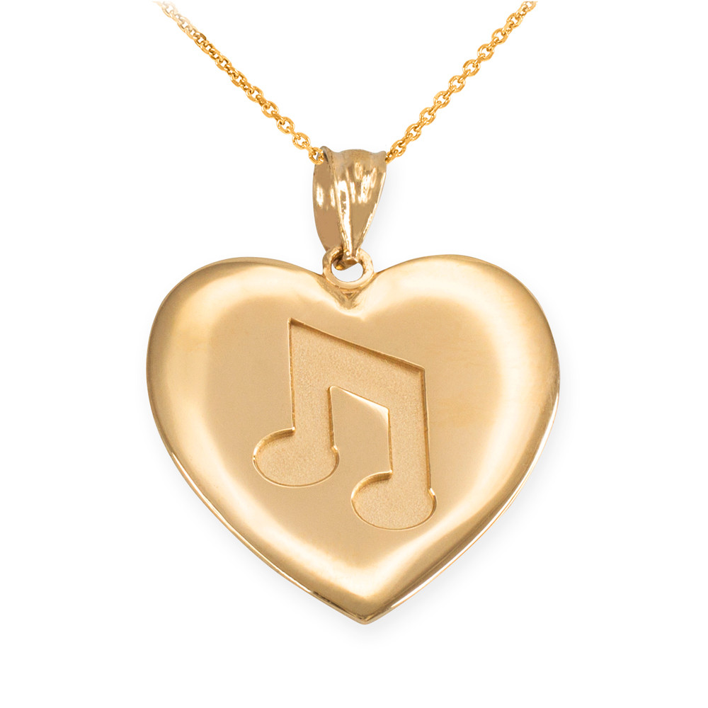 Yellow Gold Heart Music Note Pendant Necklace