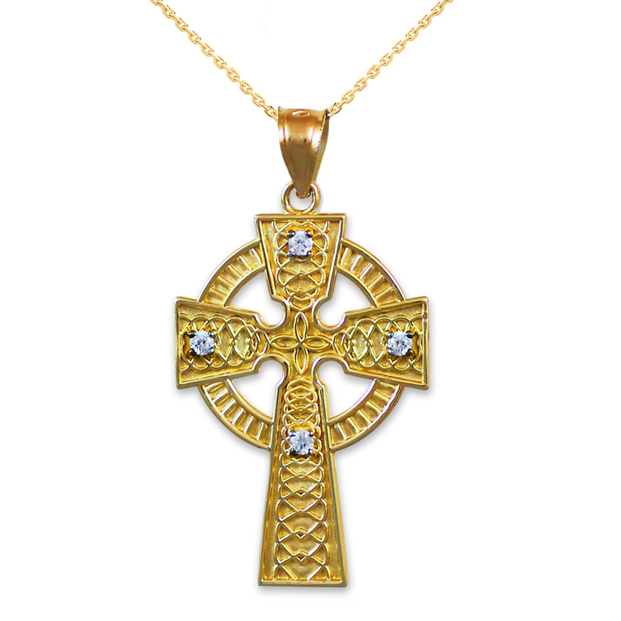 Yellow Gold Celtic Cross Diamond Pendant Necklace