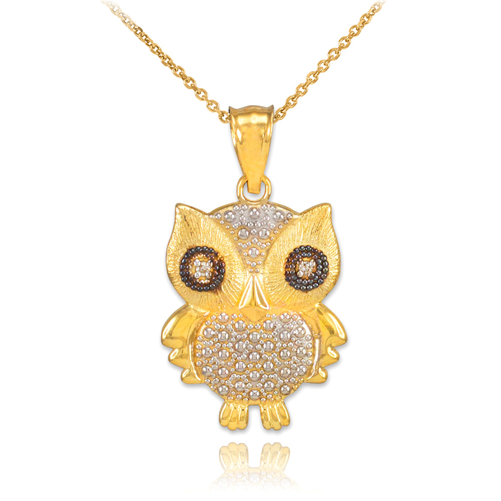 TwoTone Gold Owl Pendant with Diamonds