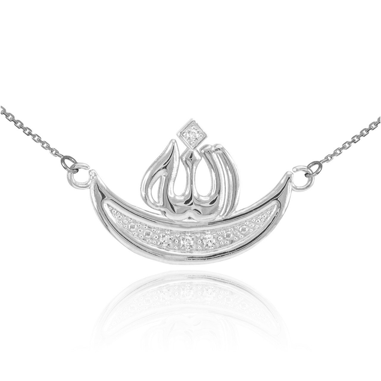 14k White Gold Diamond Crescent Moon and Star Islamic Necklace