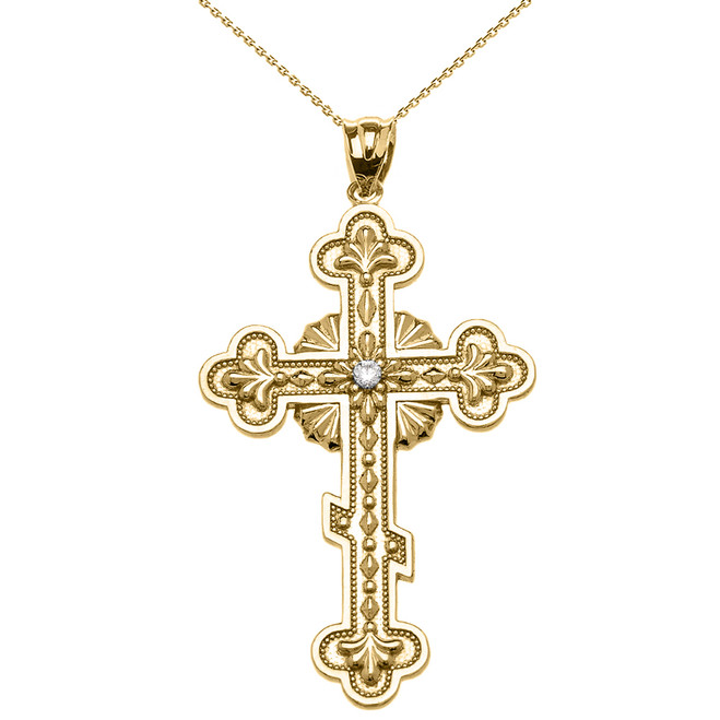 Yellow Gold Diamond Eastern Orthodox Cross Pendant Necklace