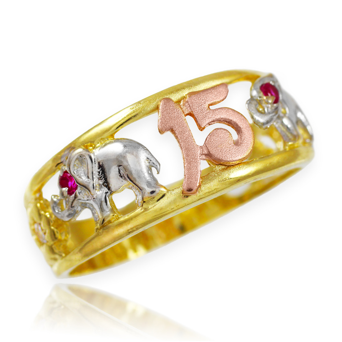 14K Dainty Gold Sweet Quinceanera 15 Anos Heart Ring with 12 Clear and 1 Ruby CZ 