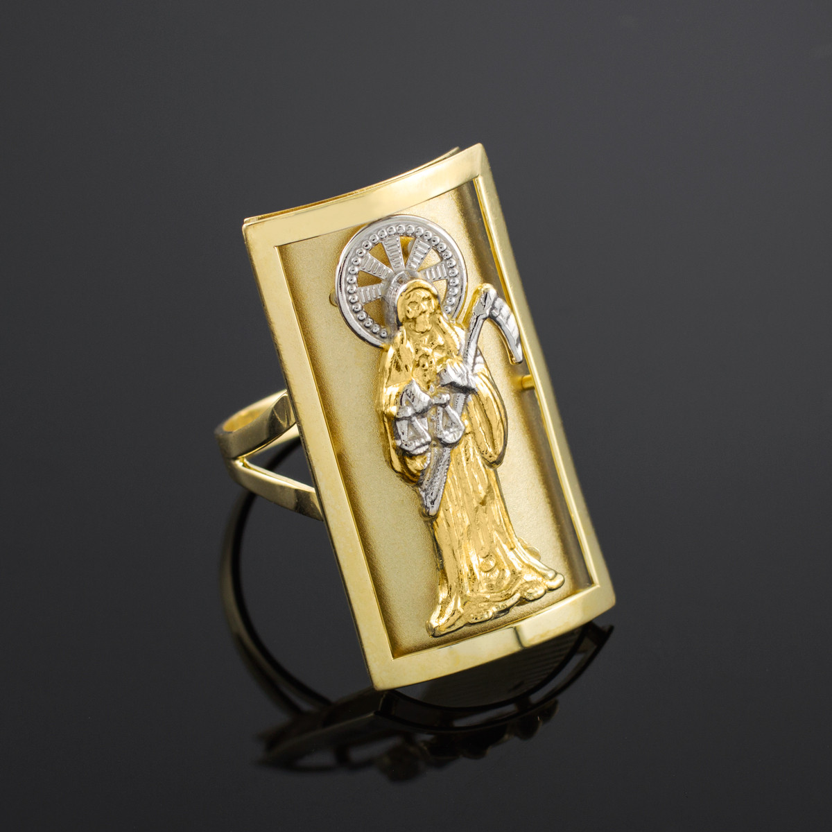 Floral Santa Muerte Real 14K Two Tone Gold Oval Ring