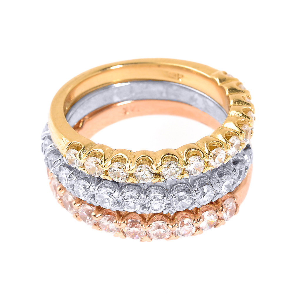 14k Tri Color Gold Diamond Stackable 3-Piece Wedding Ring Set