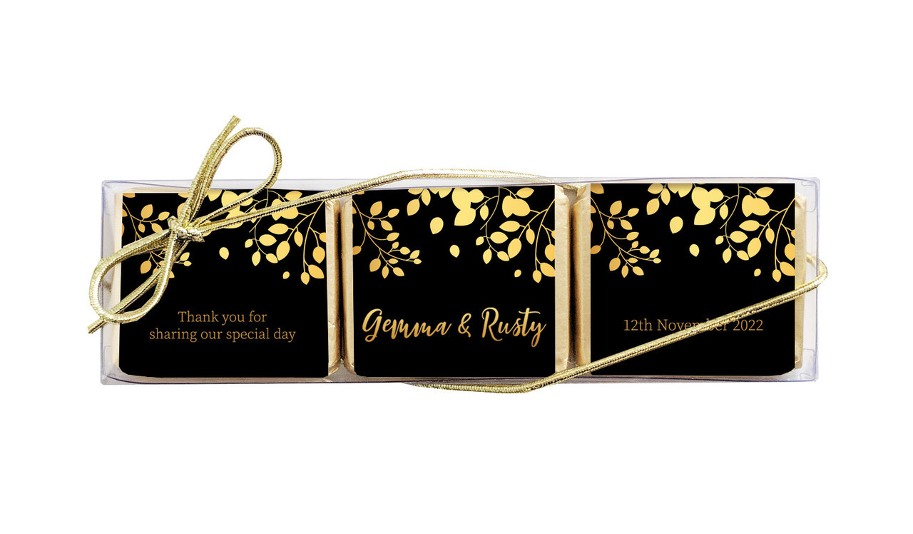 Gold Leaves Personalised Mini Chocolate Trio Wedding Favour