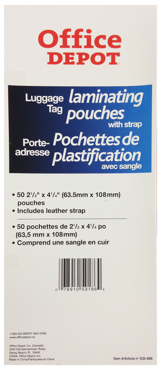 Office Depot 50pk Luggage Tag Laminating Pouches 7891059186 Total Return Solutions Corp