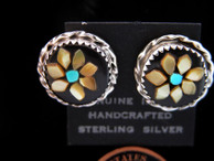 Inlaid Melon Blossum Button Earrings with Turquoise center by Rose Calavaso
