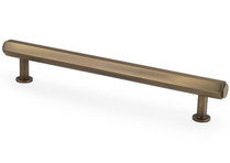 Antique brass hex cabinet pull handles with angular T-bar design and solid brass construction