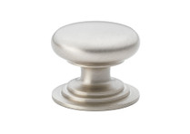 Satin nickel round cupboard knob with stepped rose design