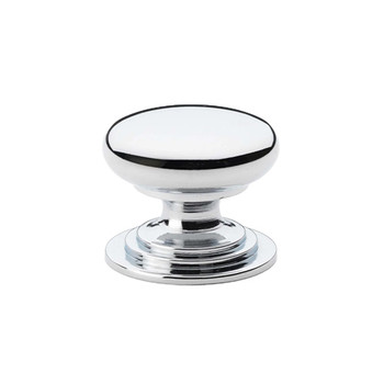 Polished chrome traditional-style knob with a circular head and stepped rose base.