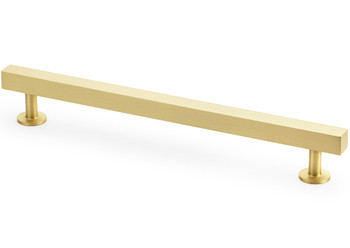 Satin brass square T-bar cupboard handle with clean square bar design and matching pedestal mounts