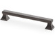 Dark bronze square pull handle by Alexander and Wilks with a decorative design on two square feet