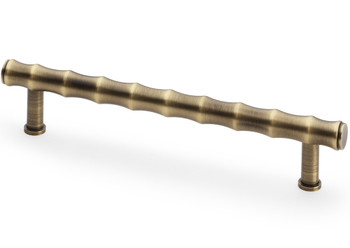 Antique brass bamboo-style cabinet pull handles with textured solid brass detailing