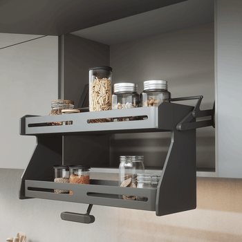 Anthracite premium pull down shelves fitted inside a 600mm wall cabinet.