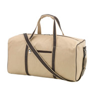  Tan with Leather -Like Trim 
Brown Thread on MOnogram as shown on small Toiletry Bag below