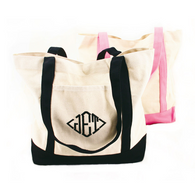 Monogram Canvas Tote  wtih Front Pocket - 12.5" x 15" - Black & Pink