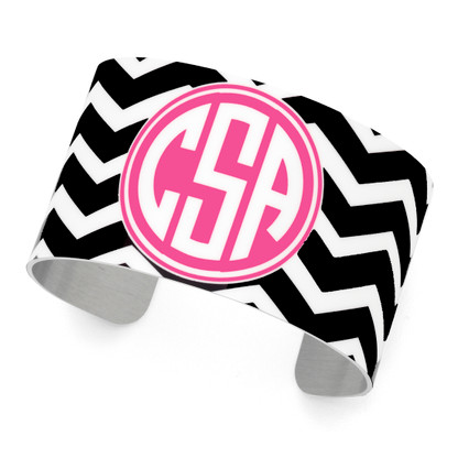 Black Chevron Pattern, Pink Background, Circle Monogram