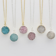 Aqua, Rose, White Druzy Stone Necklaces
Gold plated or Silver plated