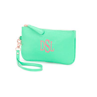 Mint Monogrammed Wristlet with Classic Font/ 
Thread color: Coral