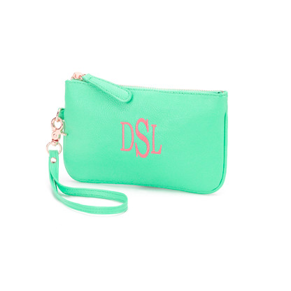 Mint Monogrammed Wristlet with Classic Font/ 
Thread color: Coral