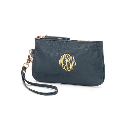 Navy Wristlet with Master Circle Monogram / Yellow Thread