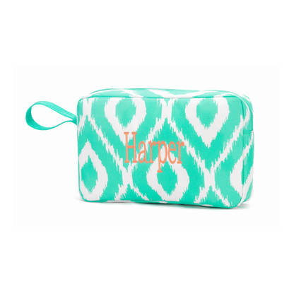 Mint Ikat Accessory Bag
Classic Monogram Font 
Name written in lower case Classic Font
Coral Thread