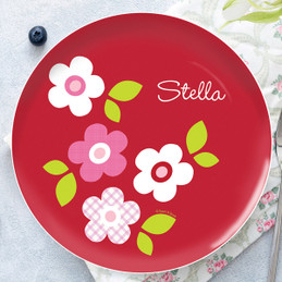 Preppy Flowers Red Personalized Plates For Kids