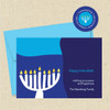 Shown with optional bright blue envelope and matching return address label