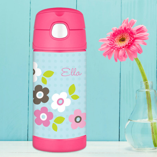 Blue Preppy Flowers Personalized Thermos For Kids