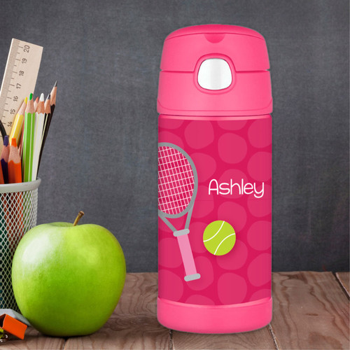 Pink Tennis Racket And Ball Personalized Thermos For Kids