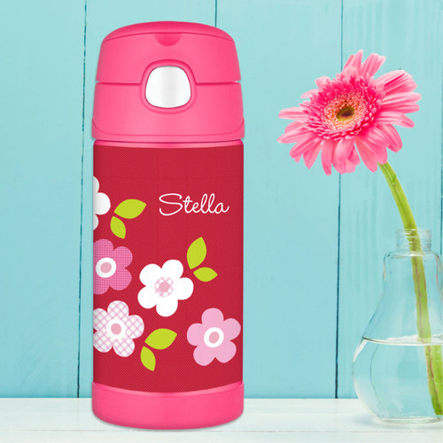 Red Preppy Flowers Personalized Thermos For Kids