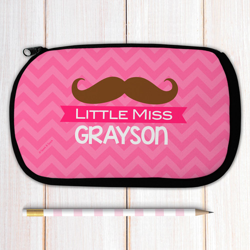 Pink Little Miss Mustache Personalized Pencil Case For Kids