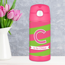 Pink And Green Double Initial And Stripes Personalized Thermos For Kids