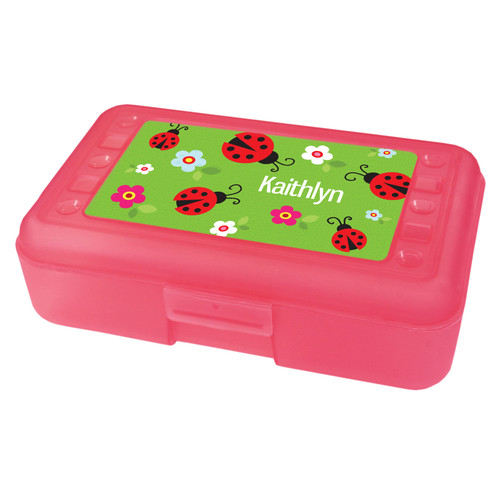 Pencil box with a curious lady bug design.